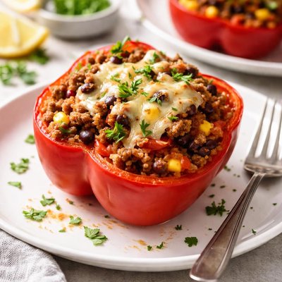 Stuffed bell pepper with ground beef and rice