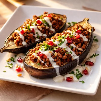 Stuffed eggplant with yogurt sauce