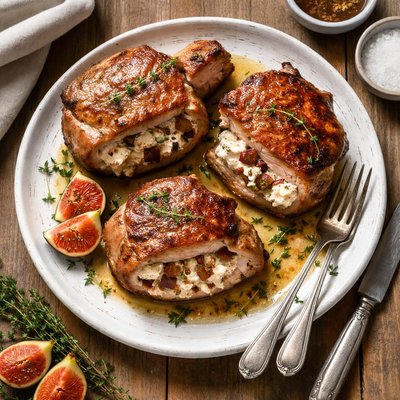 Stuffed pork chop with goat cheese and figs