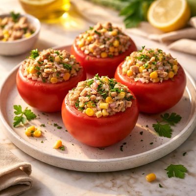 Stuffed tomato with tuna and corn