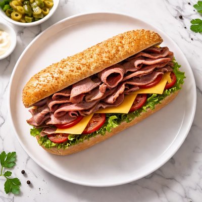 Sub sandwich with roast beef and cheese