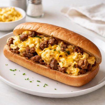 Sub sandwich with scrambled eggs and sausage