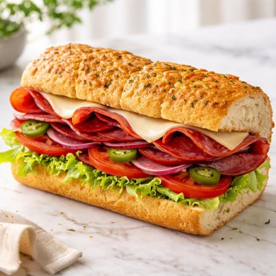 Subway spicy italian with provalone chees and herb and cheese bread