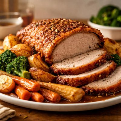 Sunday roast pork with vegetables and potatoes