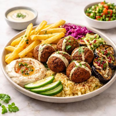 Super flafel with fries and eggplant