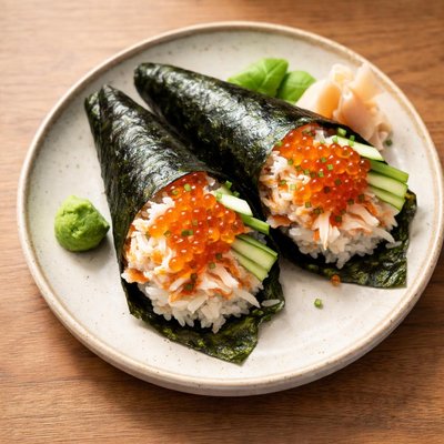 Sushi hand roll with salmon roe and crab