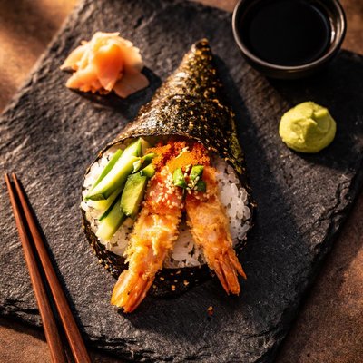Sushi hand roll with shrimp