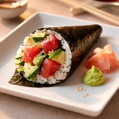 Sushi hand roll with tuna and avocado