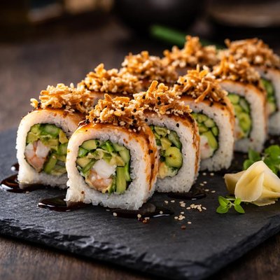Sushi roll with asparagus and fried onions