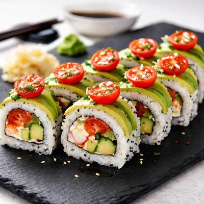 Sushi roll with avocado and cherry tomato