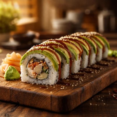Sushi roll with avocado and eel sauce