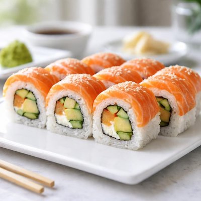 Sushi roll with avocado and salmon