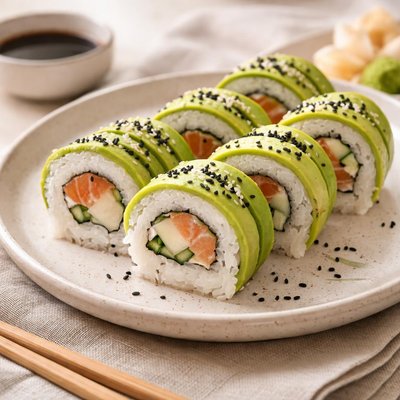Sushi roll with avocado and sesame seeds