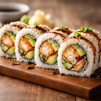 Sushi roll with avocado and tempura shrimp