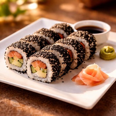 Sushi roll with black sesame seeds