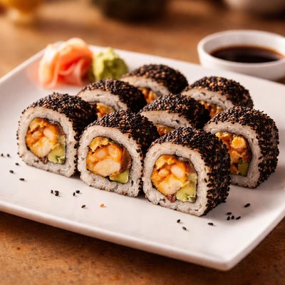 黑芝麻和炸馅寿司卷