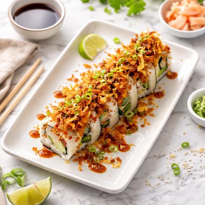 Sushi roll with crispy topping
