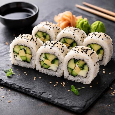 Sushi roll with cucumber and avocado