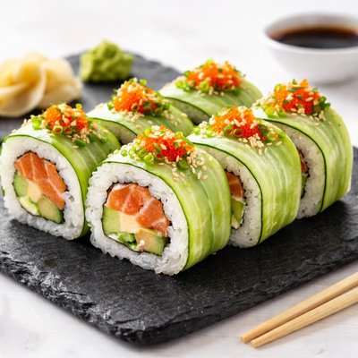 Sushi roll with cucumber and fish