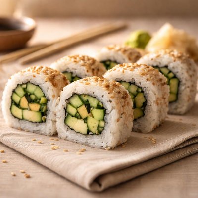 Sushi roll with cucumber and sesame seeds