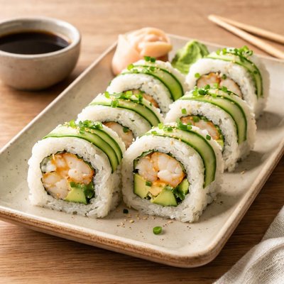 Sushi roll with cucumber and shrimp