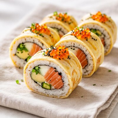 Rollo de sushi con envoltura de huevo