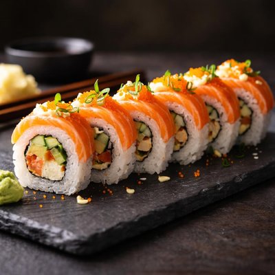 Sushi roll with fish and rice