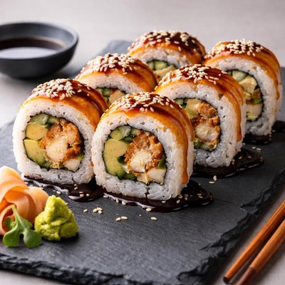 Roll de sushi con pollo frito y salsa