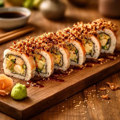 Sushi roll with fried onions