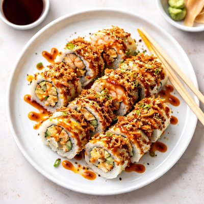 Sushi roll con cebolla frita y salsa picante