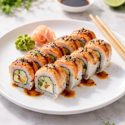 Sushi roll with grilled salmon