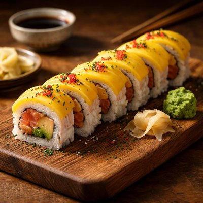 Sushi roll with mango and fish