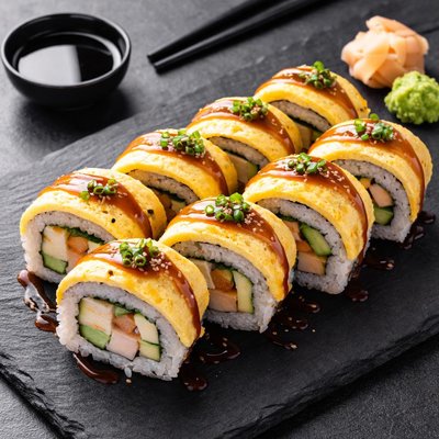 Rolo de sushi com omelete