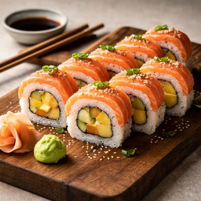 Sushi roll with pineapple and salmon