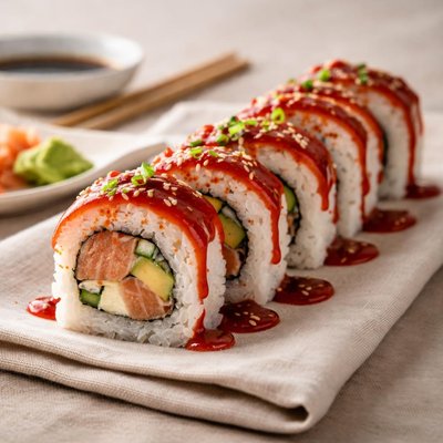 Sushi roll with red sauce