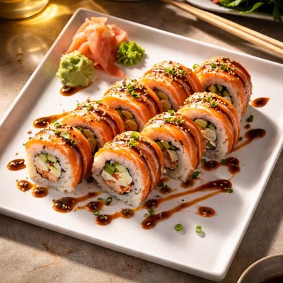 Sushi roll with salmon and sauce