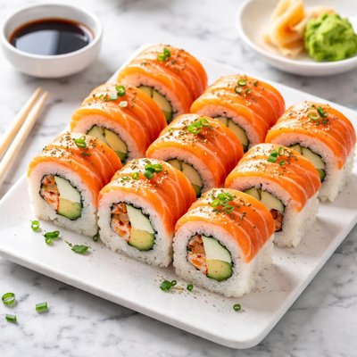 Sushi roll with salmon topping