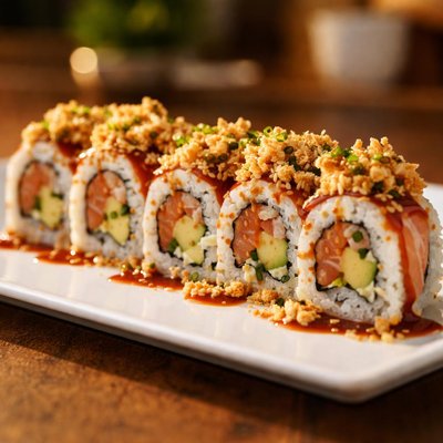 Rollo de sushi con salsa y cobertura crujiente