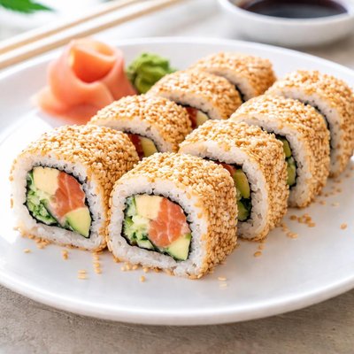 Sushi roll with sesame seeds
