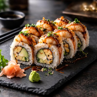 Sushi roll with shrimp and sauce