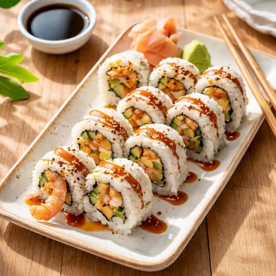 Sushi roll with shrimp tempura