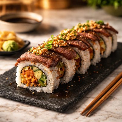 Sushi roll with sliced beef