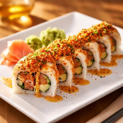 Sushi roll with spicy sauce