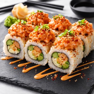 Sushi roll with spicy topping