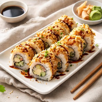 Sushi roll with tempura topping