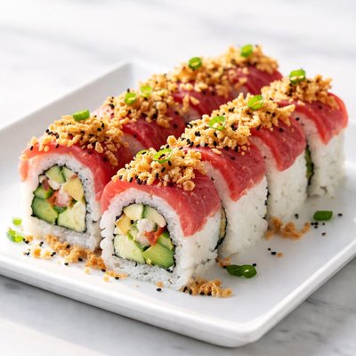 Sushi roll with tuna and crispy topping