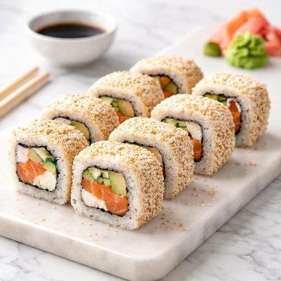 Sushi roll with white sesame seeds