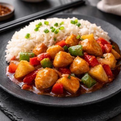 Sweat and sour chicken with rice