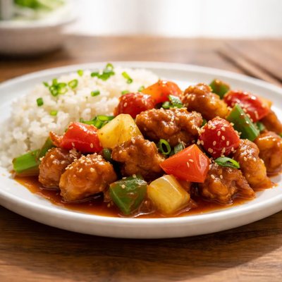 Sweet and sour pork and rice