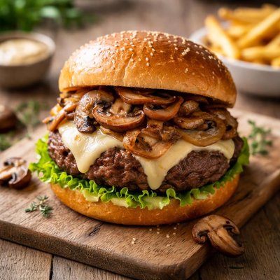 Swiss mushroom onion burger